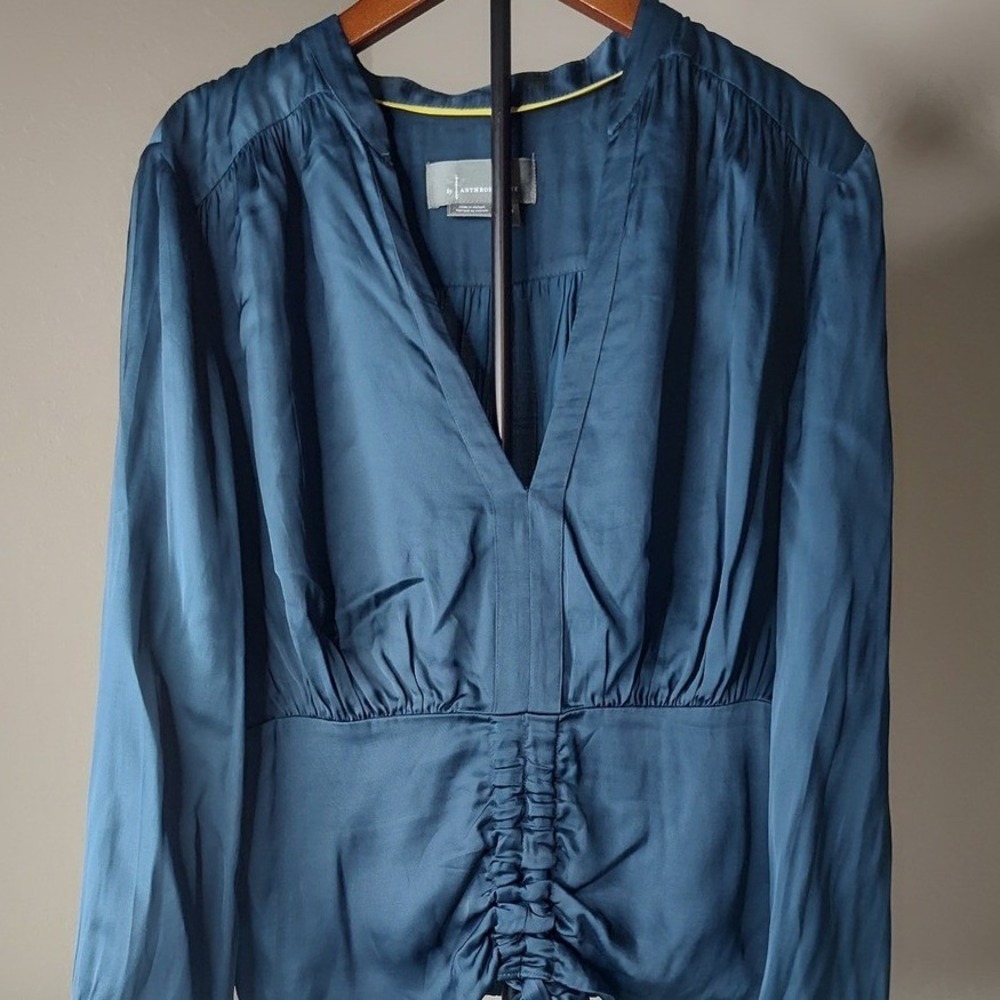 Anthropologie Teal Satin Ruched Tie Front V Neck Long Sleeve Blouse Top Medium